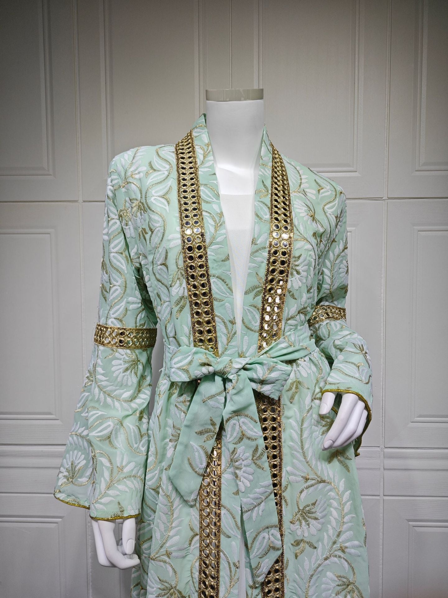 HS6664 Waist-cinching belted long dress set with lightweight printed jacket