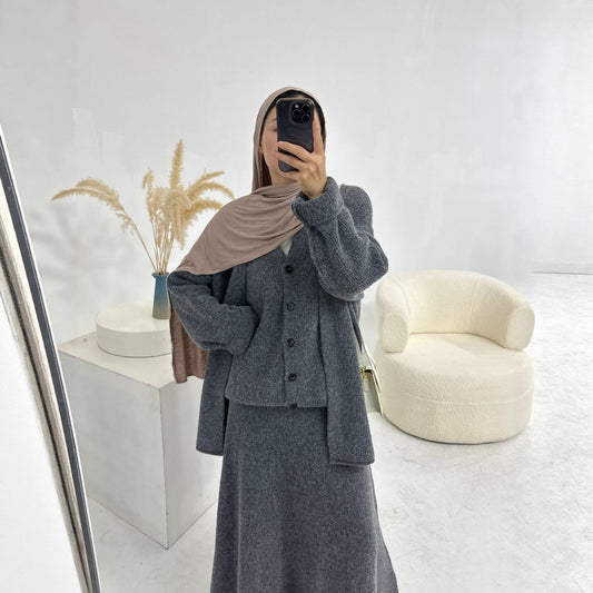 HS6596 Autumn and winter thickened knitted three-piece suit (excluding headscarf) vest + cardigan + skirt