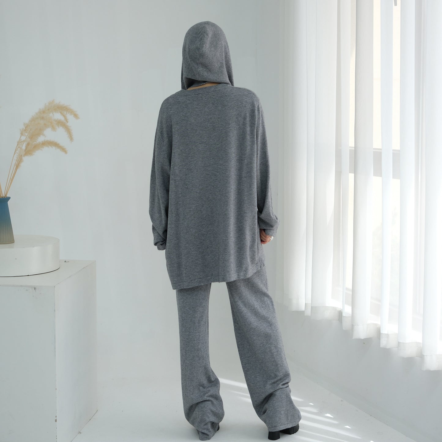 HS6593 Soft knitted home set | Simple solid color two-piece set