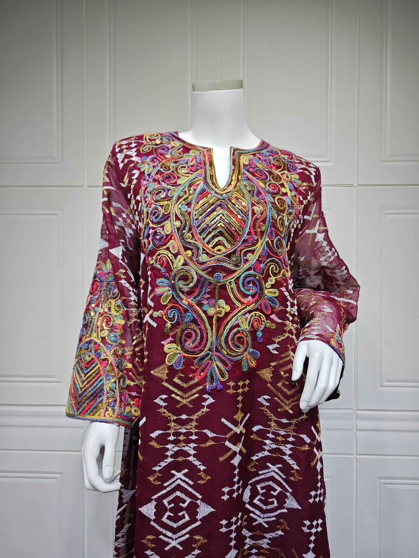 HS6663 Mesh Embroidery Patchwork Long-sleeved Dress, Robe-style Loose Fit