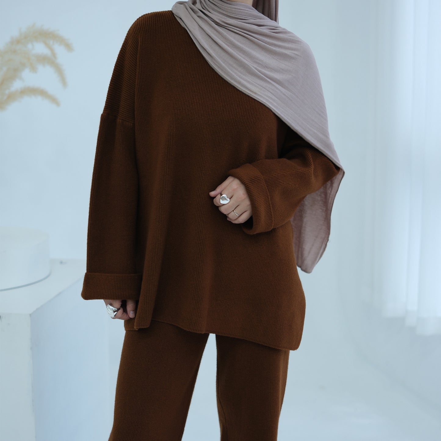 HS6599 Autumn and Winter Thickened Knitted Suit Solid Color Two-piece Suit (excluding Headscarf) Top + Trousers
