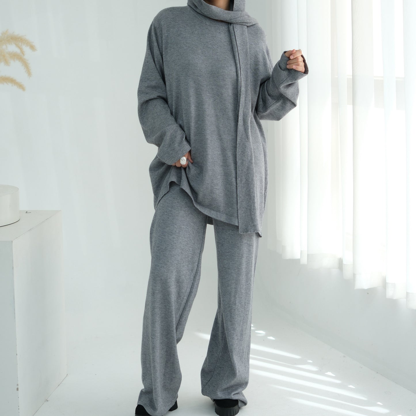HS6593 Soft knitted home set | Simple solid color two-piece set