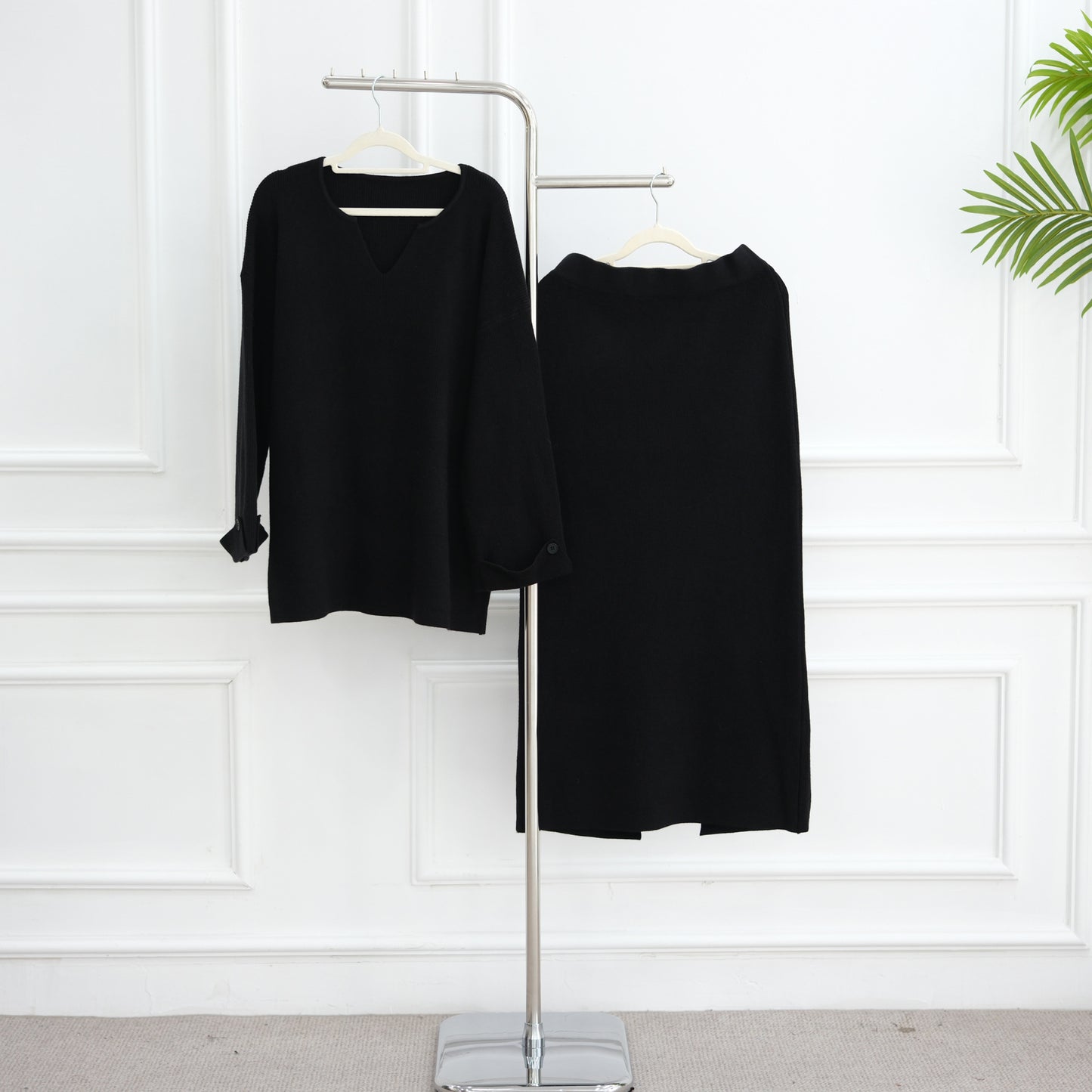 HS6597 Autumn and winter thickened knitted suit solid color two-piece suit (excluding headscarf) top + skirt