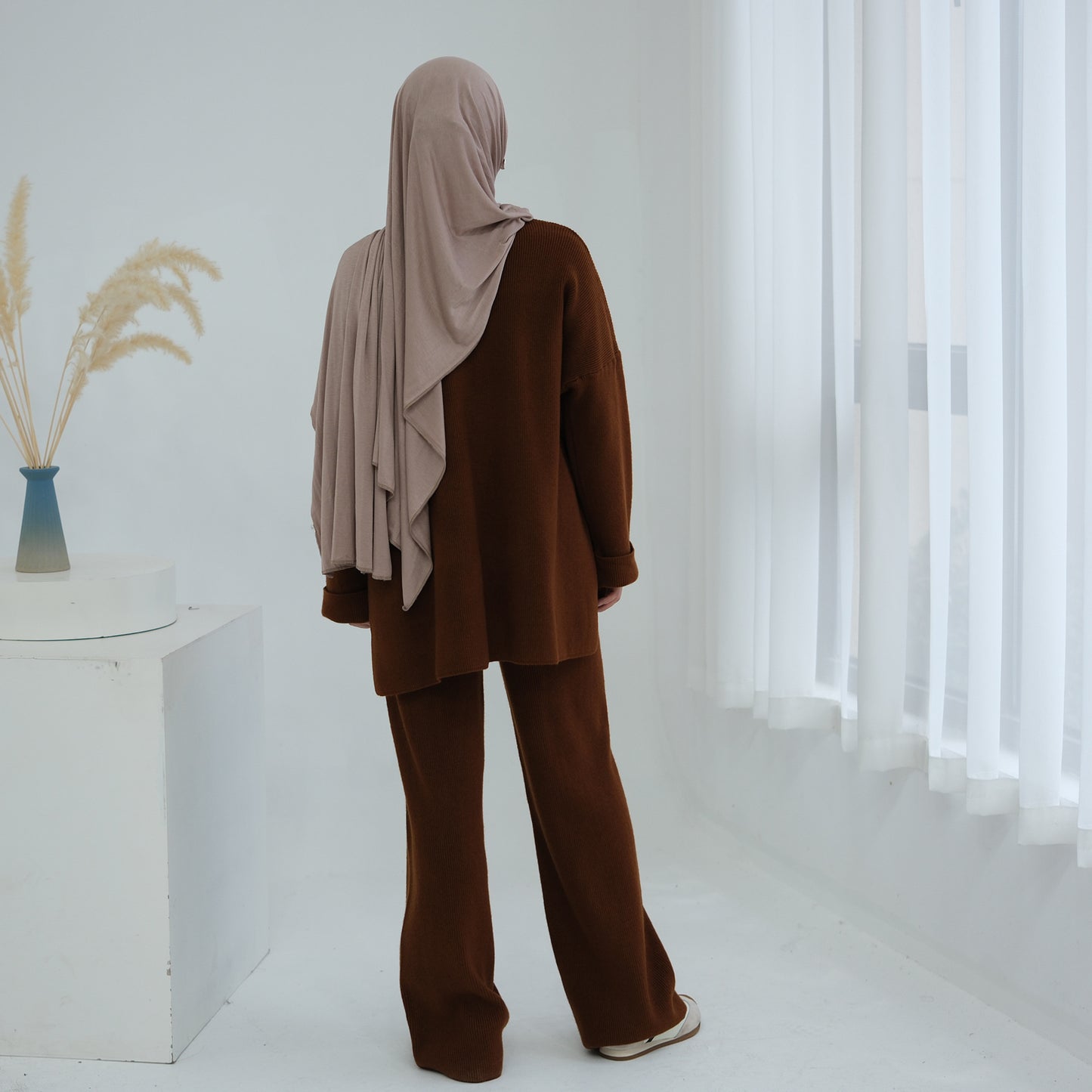 HS6599 Autumn and Winter Thickened Knitted Suit Solid Color Two-piece Suit (excluding Headscarf) Top + Trousers