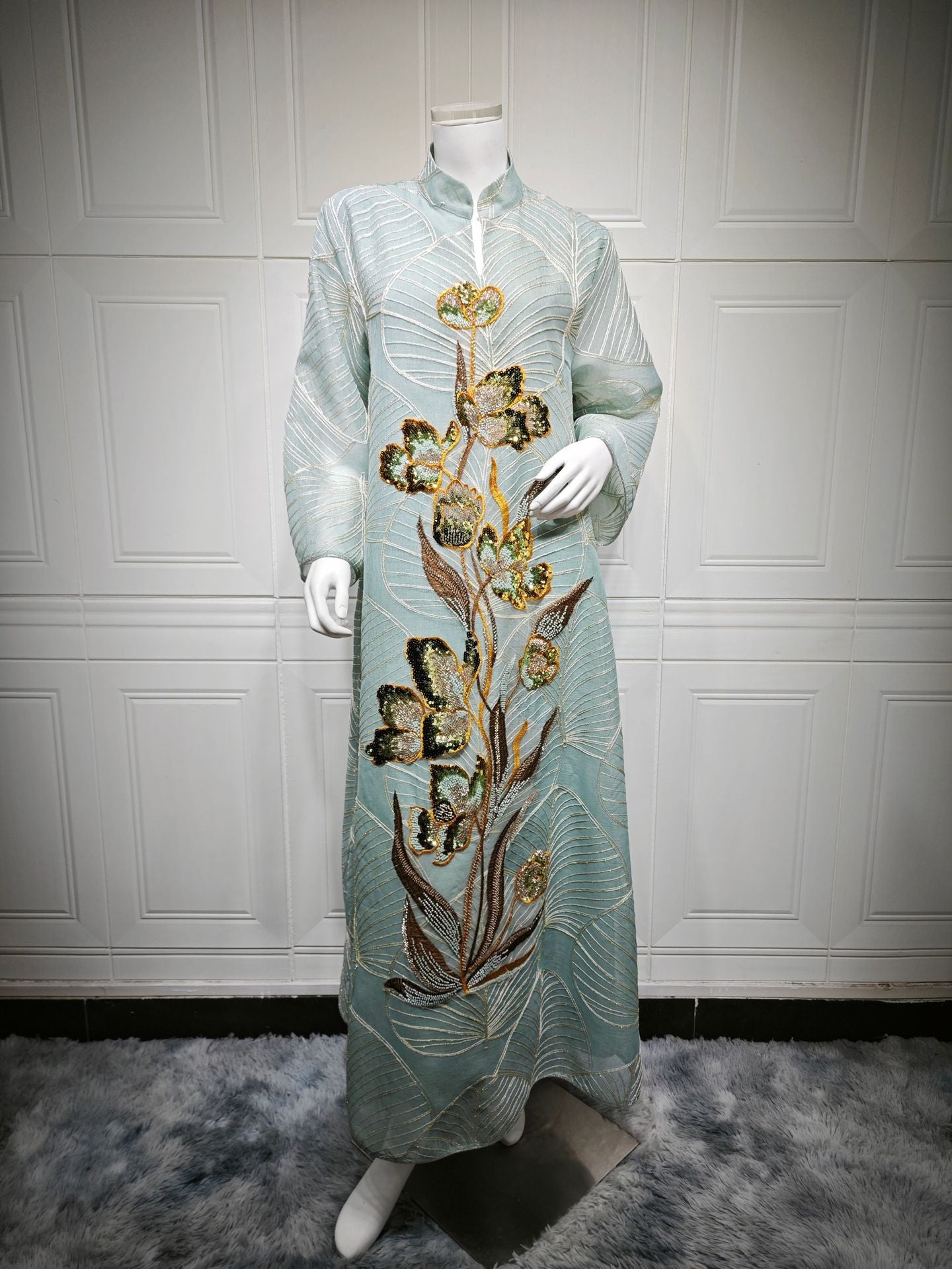 HS6657 Women's Long Robe Dress with Mesh Embroidery