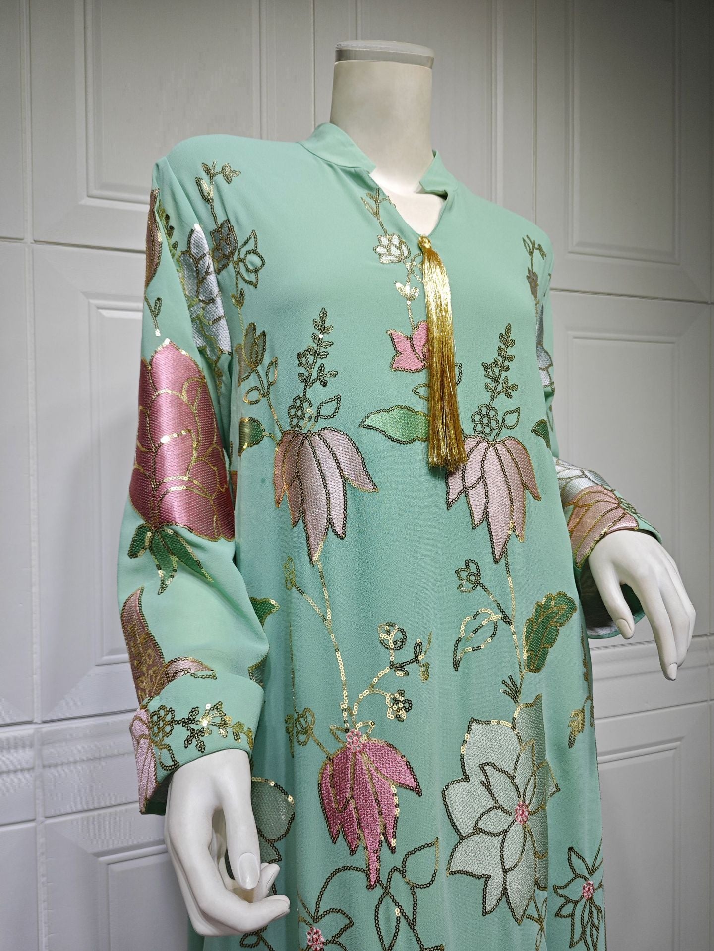 HS6649 Sequined Embroidered Tassel Long Robe, Elegant and Sophisticated Dress