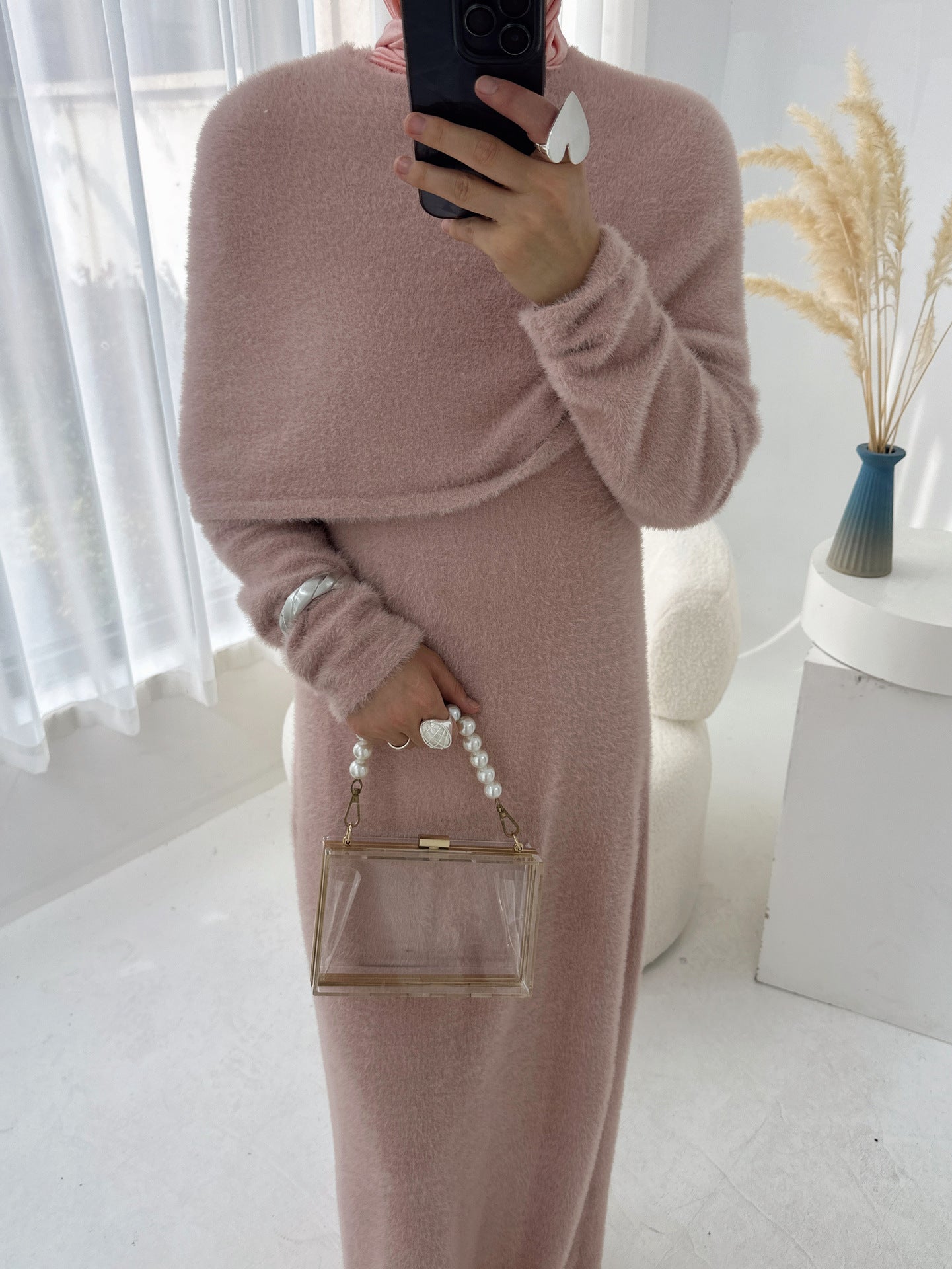 HS6604  Slim-fit Knit Sweater Two-piece Set with Shawl Design (headscarf Optional)