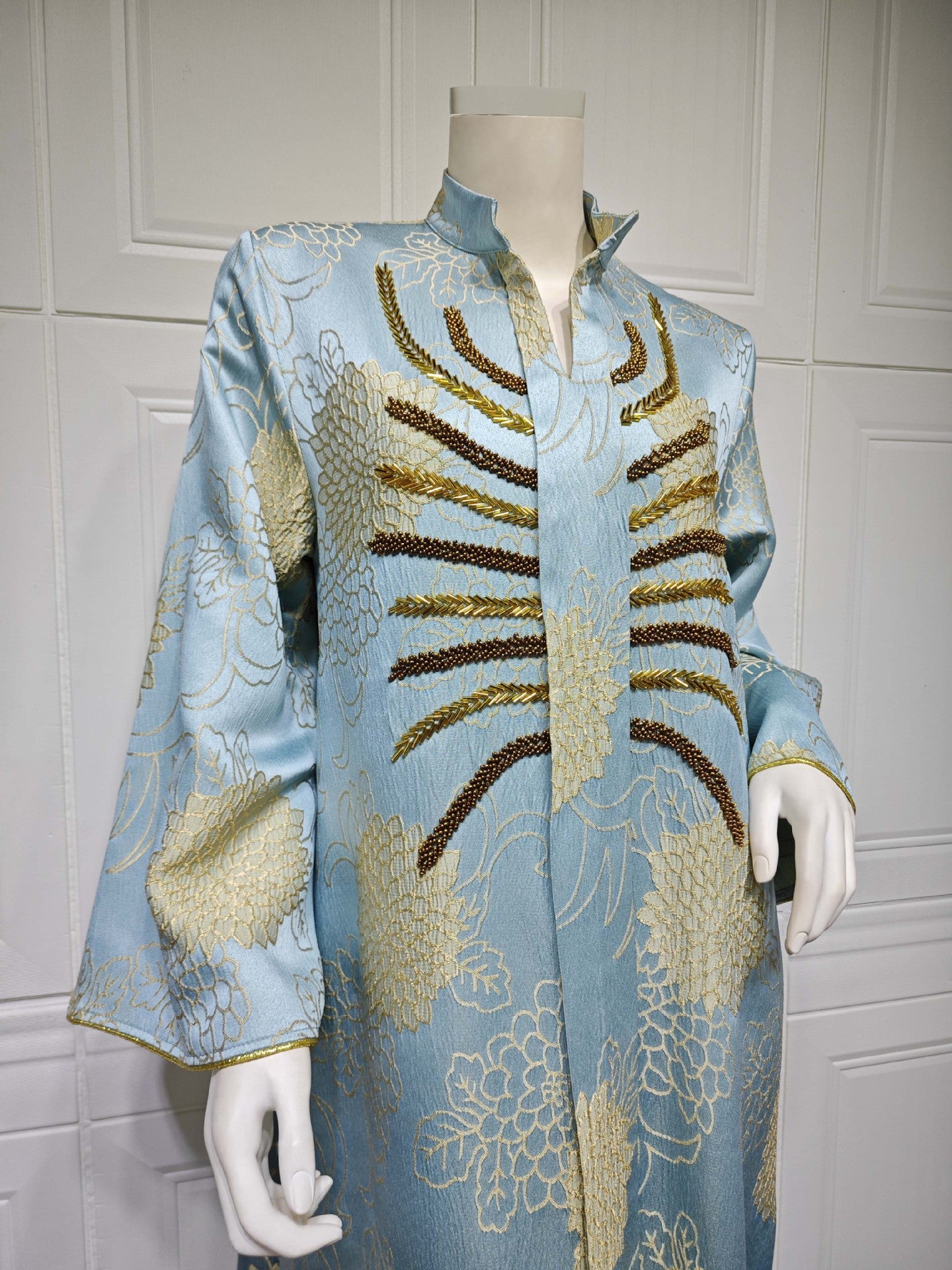 HS6656 V-neck jacquard beaded dress with elegant three-dimensional texture design