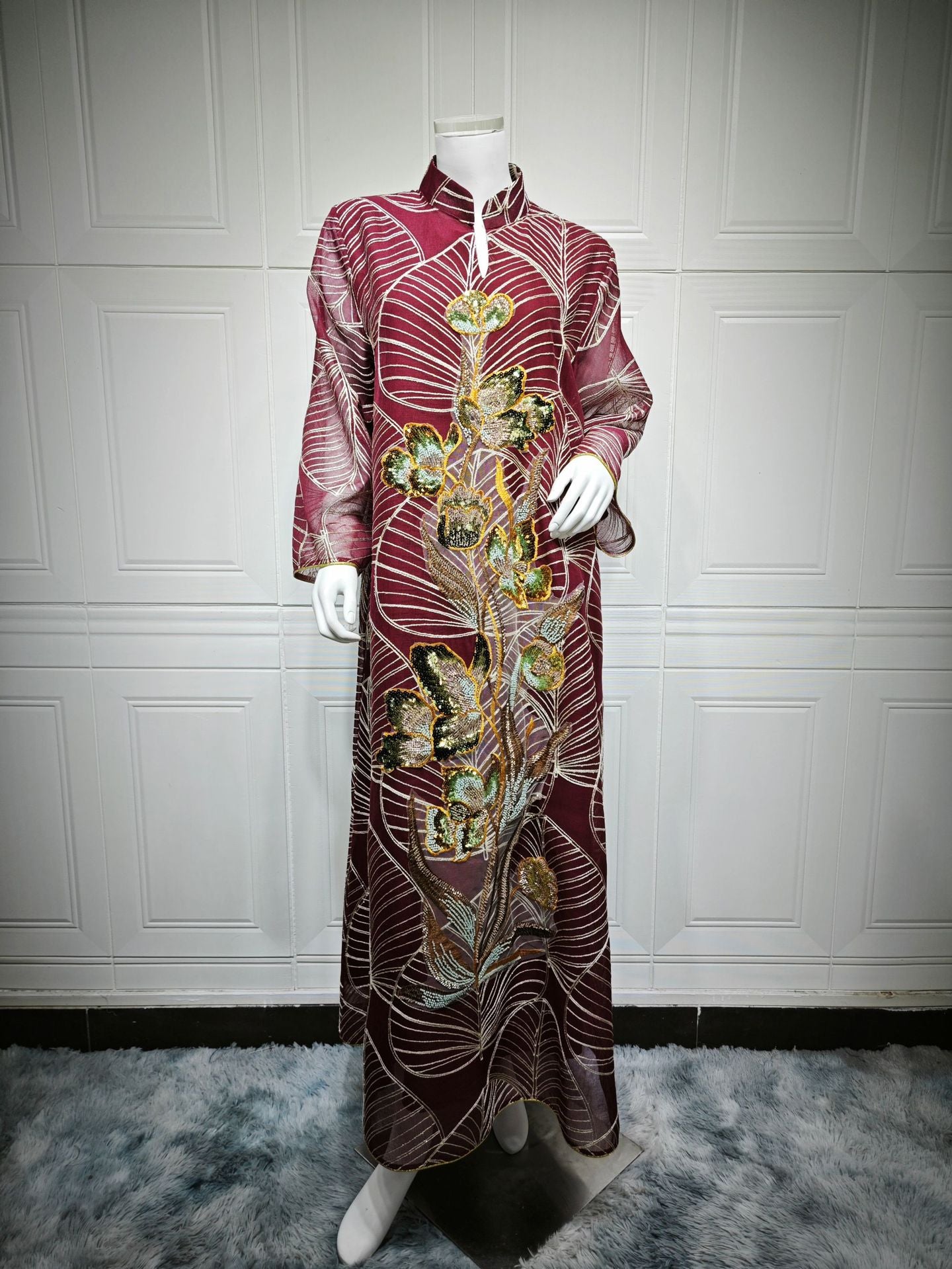 HS6657 Women's Long Robe Dress with Mesh Embroidery