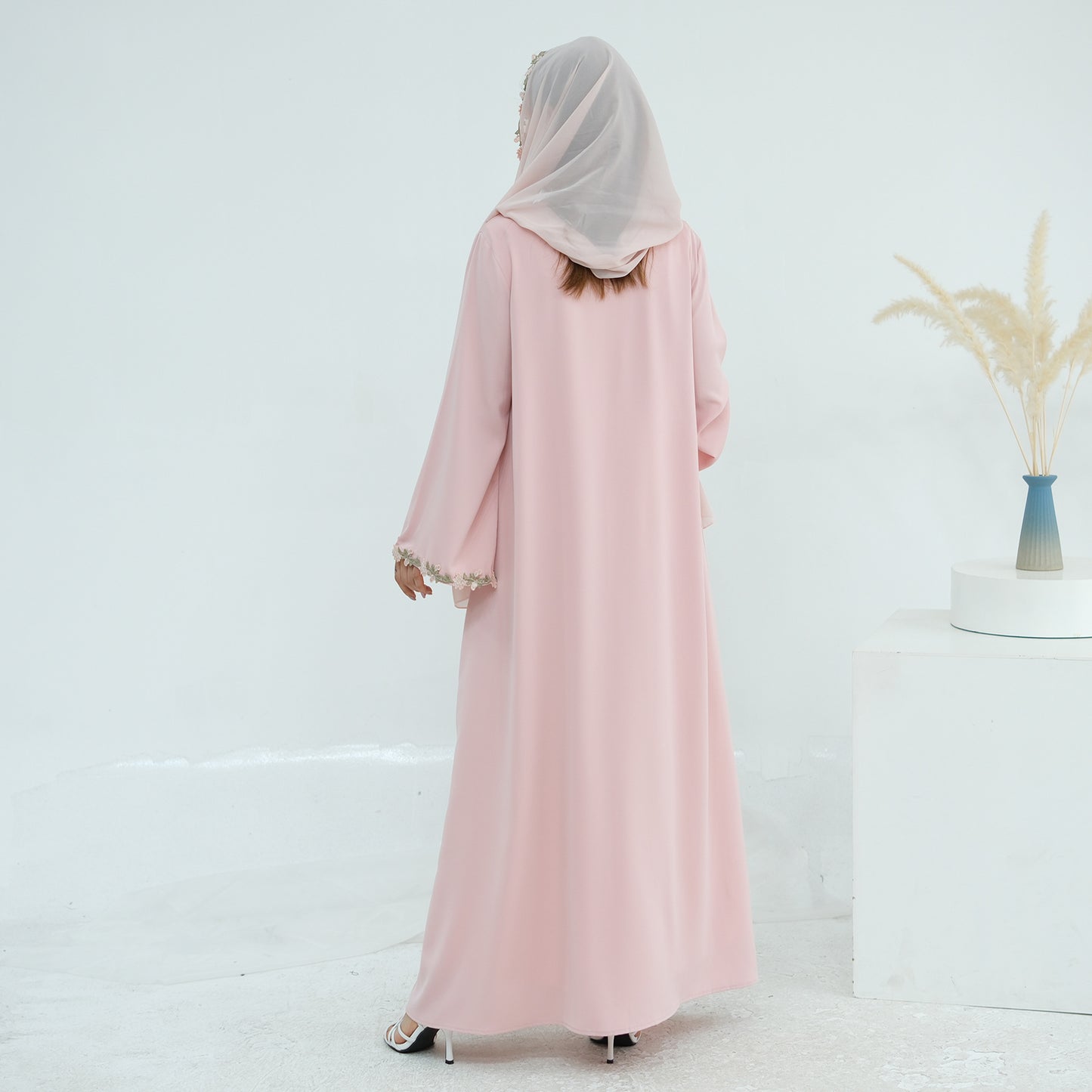 HS6618 Pink Flower Stitching Cardigan Two-Piece Set (Including Headscarf)