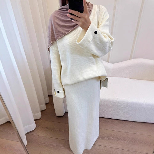 HS6597 Autumn and winter thickened knitted suit solid color two-piece suit (excluding headscarf) top + skirt