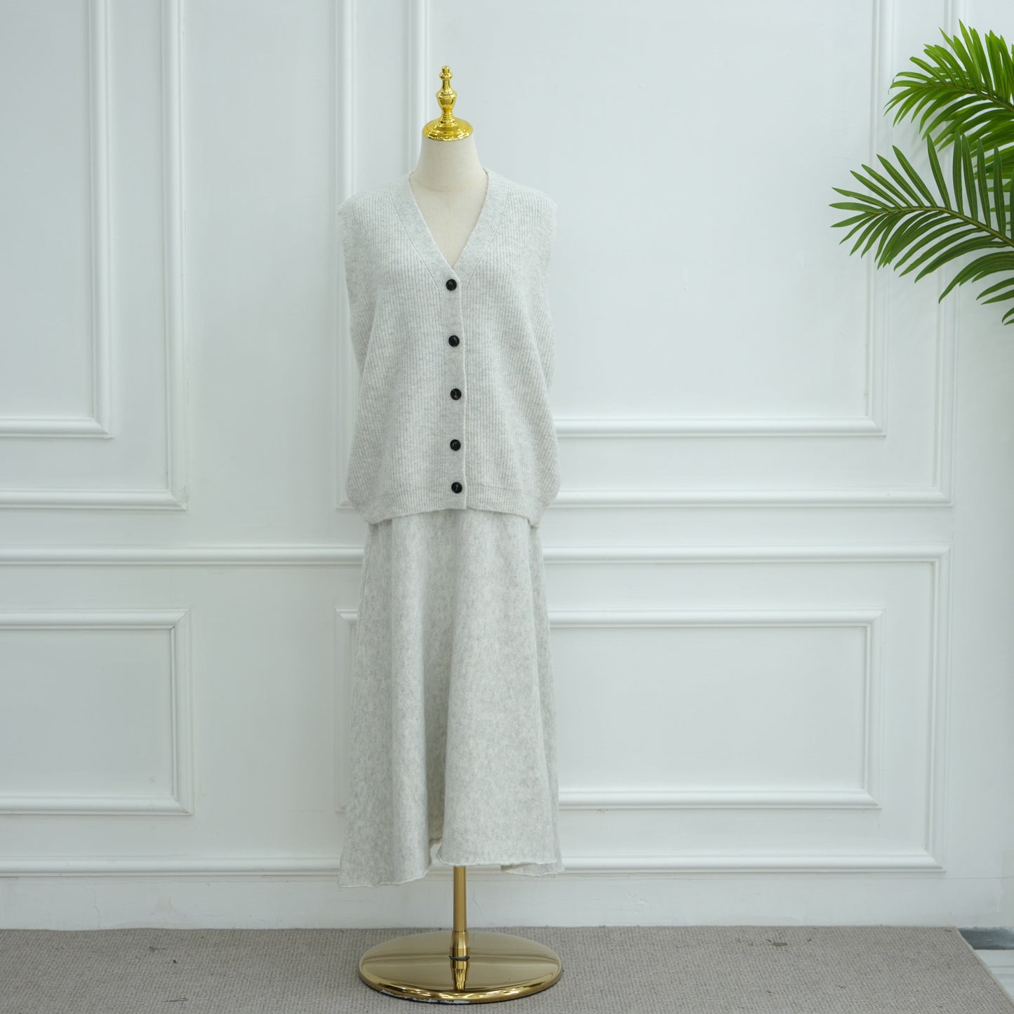 HS6596 Autumn and winter thickened knitted three-piece suit (excluding headscarf) vest + cardigan + skirt