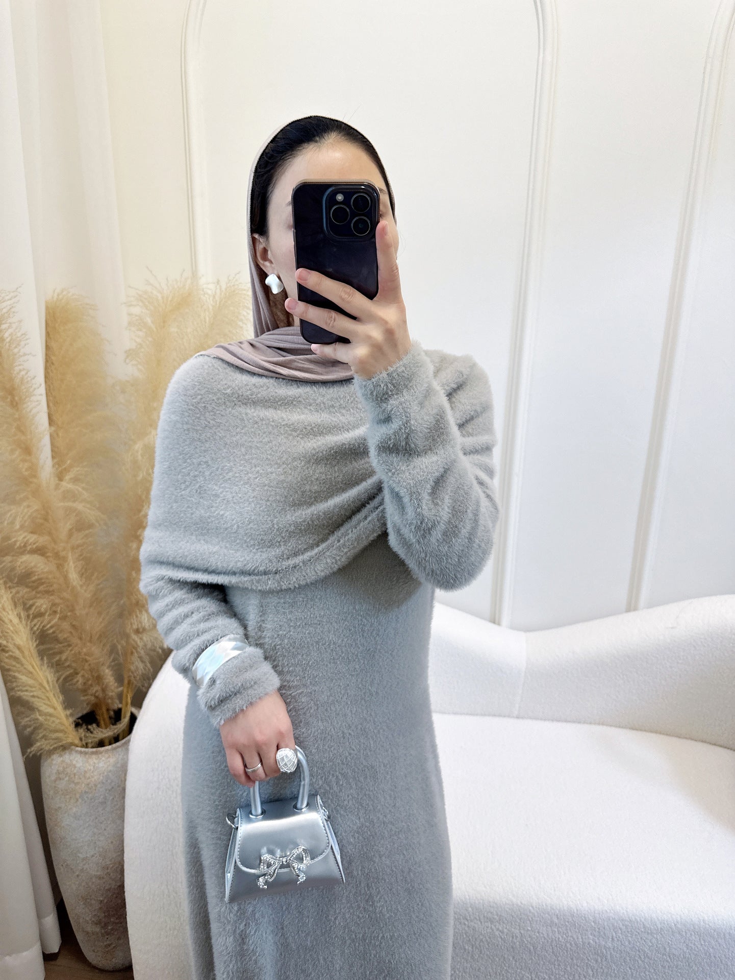 HS6604  Slim-fit Knit Sweater Two-piece Set with Shawl Design (headscarf Optional)