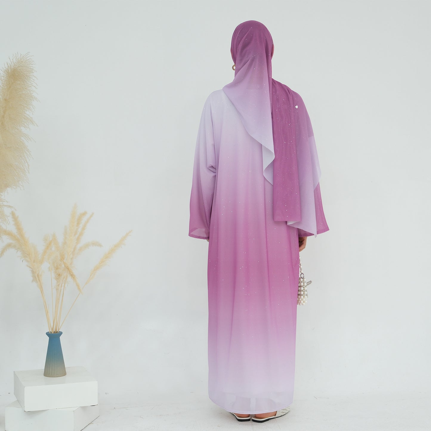 HS6617 Gradient Color Long Cardigan Two-Piece Set (Including Headscarf)