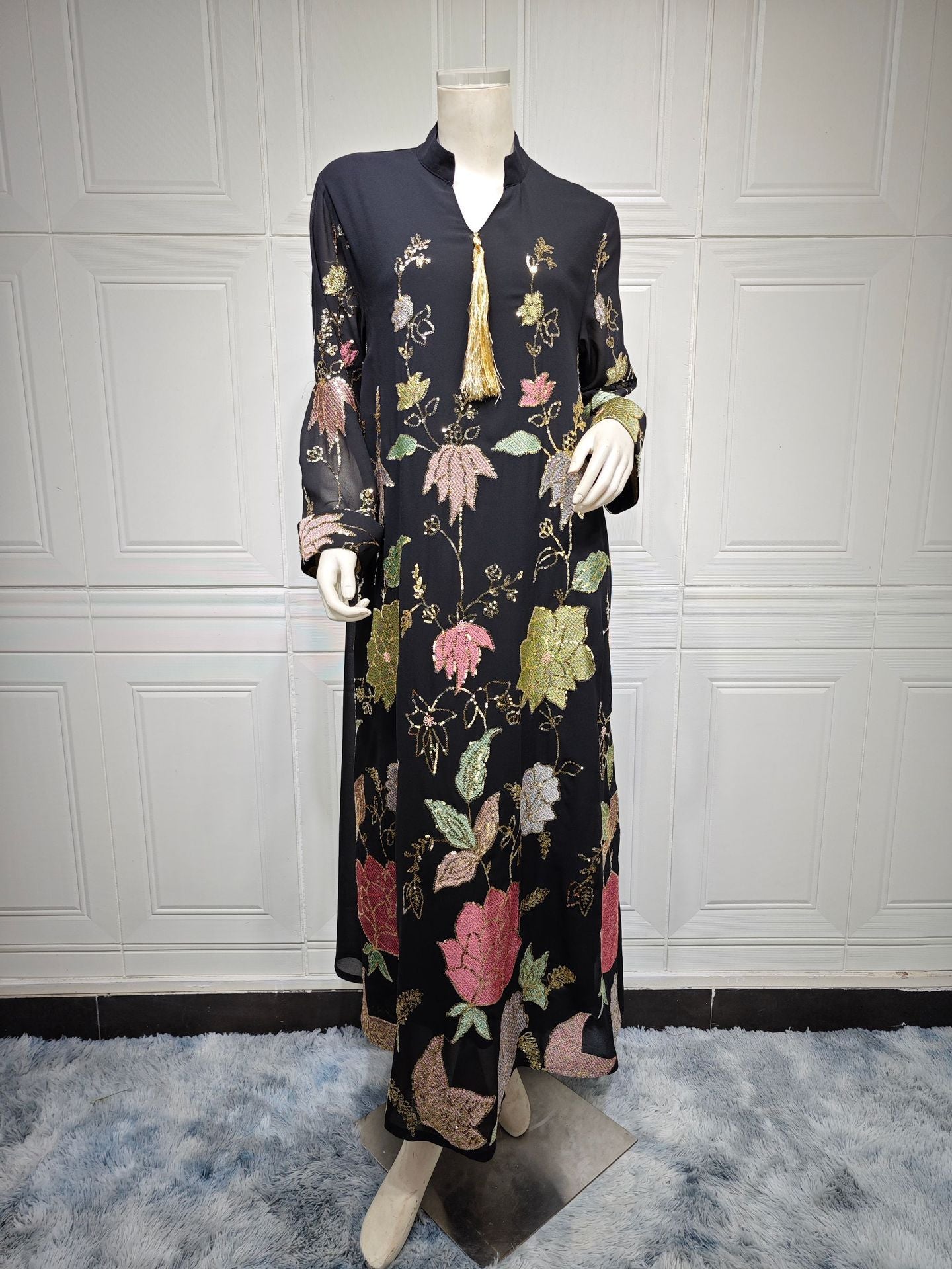 HS6649 Sequined Embroidered Tassel Long Robe, Elegant and Sophisticated Dress