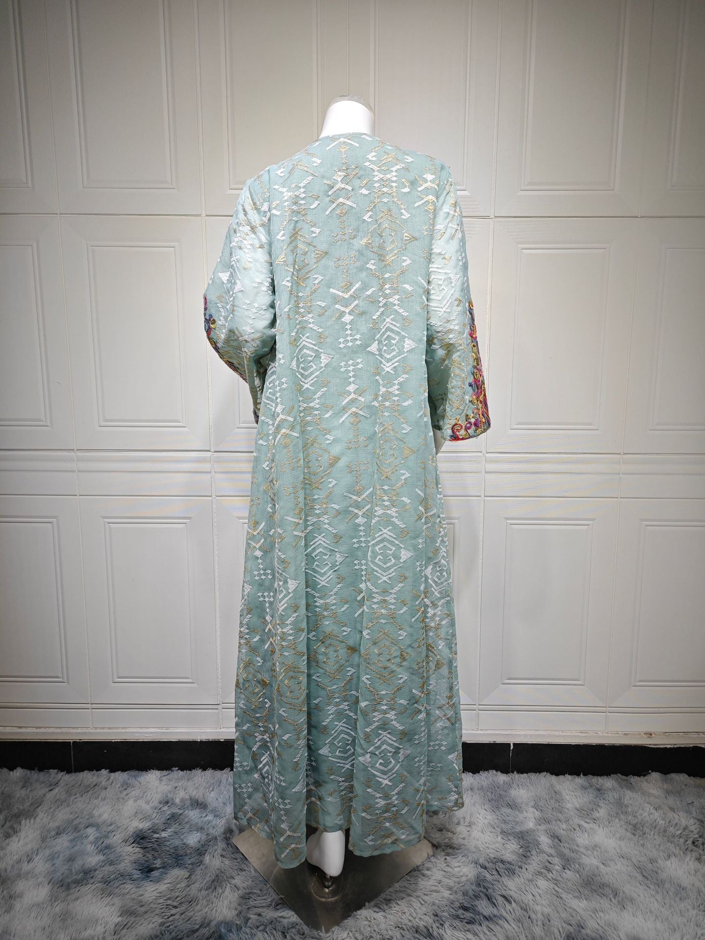 HS6663 Mesh Embroidery Patchwork Long-sleeved Dress, Robe-style Loose Fit