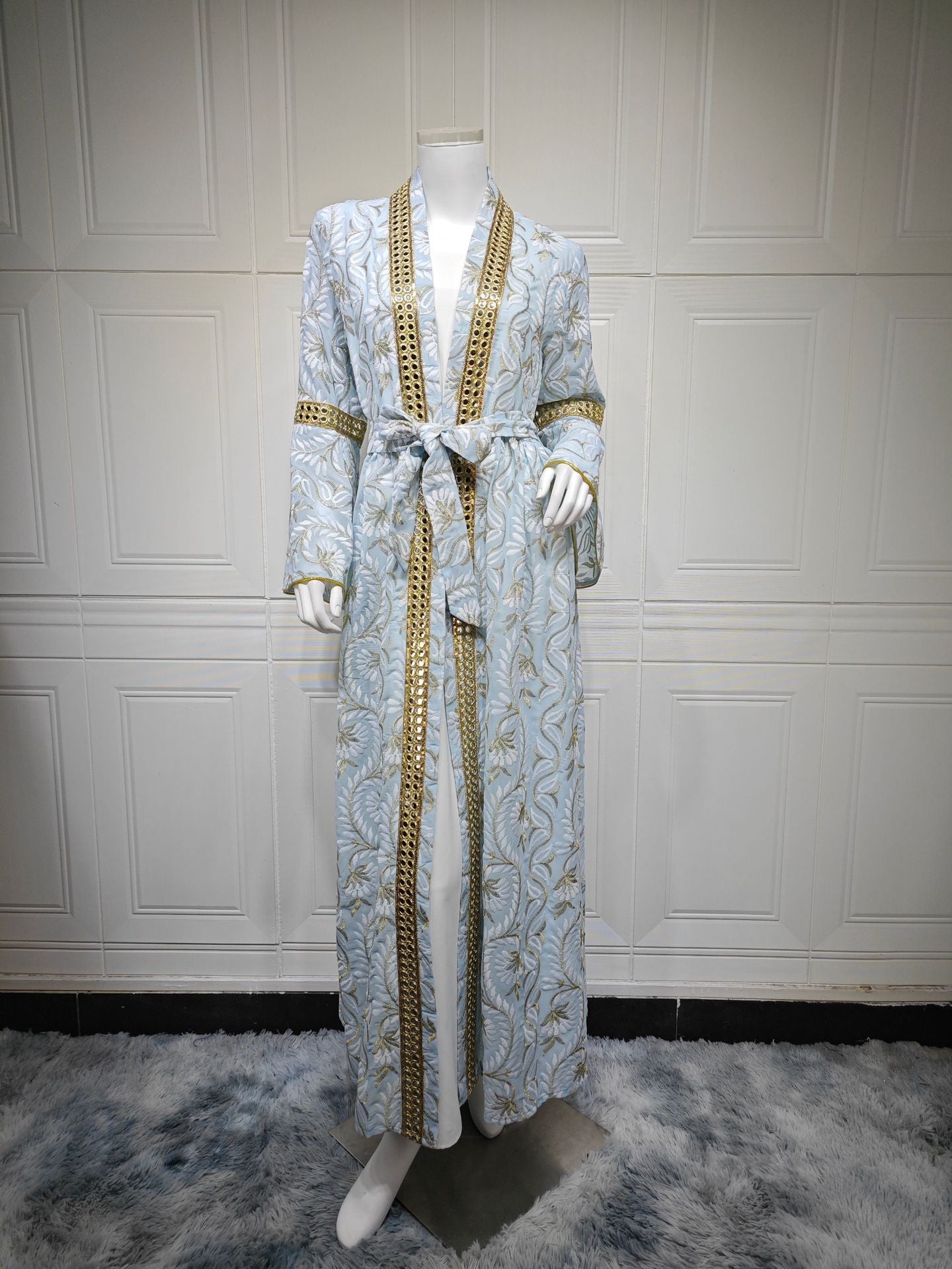 HS6664 Waist-cinching belted long dress set with lightweight printed jacket