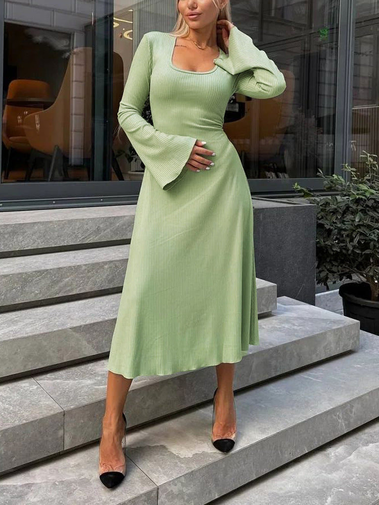 HASASERIES HS0676 Flared Long Sleeved High Waist Maxi Skirt with Lace-up Back