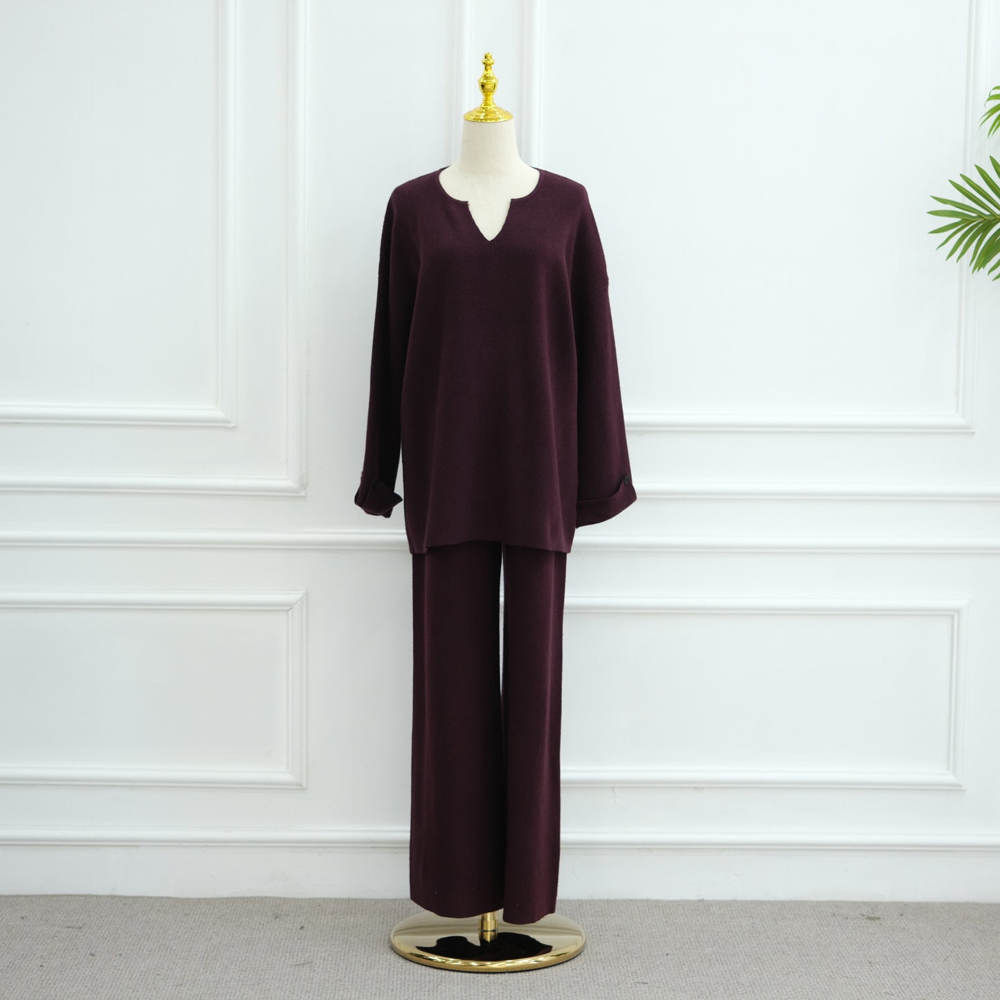 HS6600 Autumn and winter thickened knitted suit solid color two-piece suit (headscarf not included) cuff button design