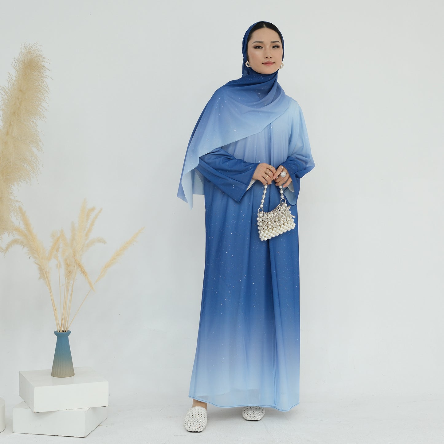 HS6617 Gradient Color Long Cardigan Two-Piece Set (Including Headscarf)