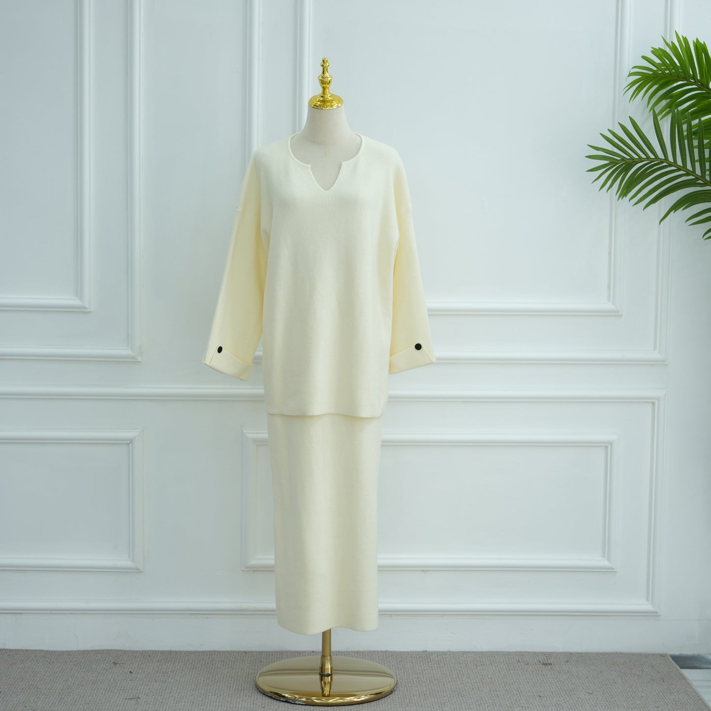 HS6597 Autumn and winter thickened knitted suit solid color two-piece suit (excluding headscarf) top + skirt