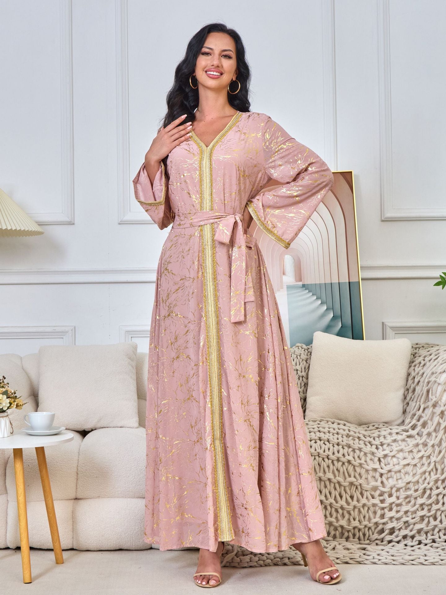 HS6731 V-neck gold-embroidered robe maxi dress