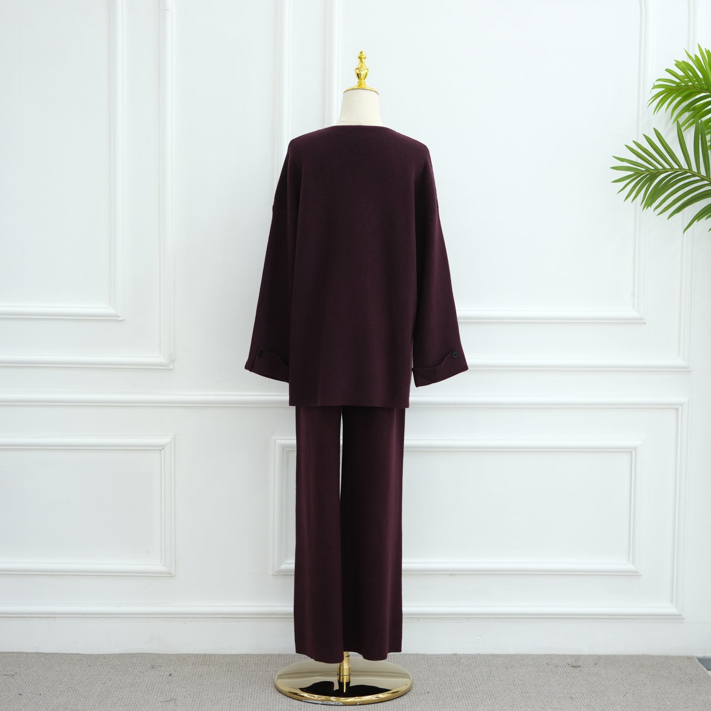 HS6600 Autumn and winter thickened knitted suit solid color two-piece suit (headscarf not included) cuff button design