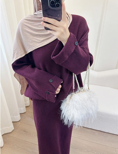 HS6597 Autumn and winter thickened knitted suit solid color two-piece suit (excluding headscarf) top + skirt