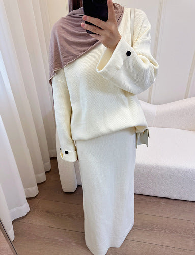 HS6597 Autumn and winter thickened knitted suit solid color two-piece suit (excluding headscarf) top + skirt