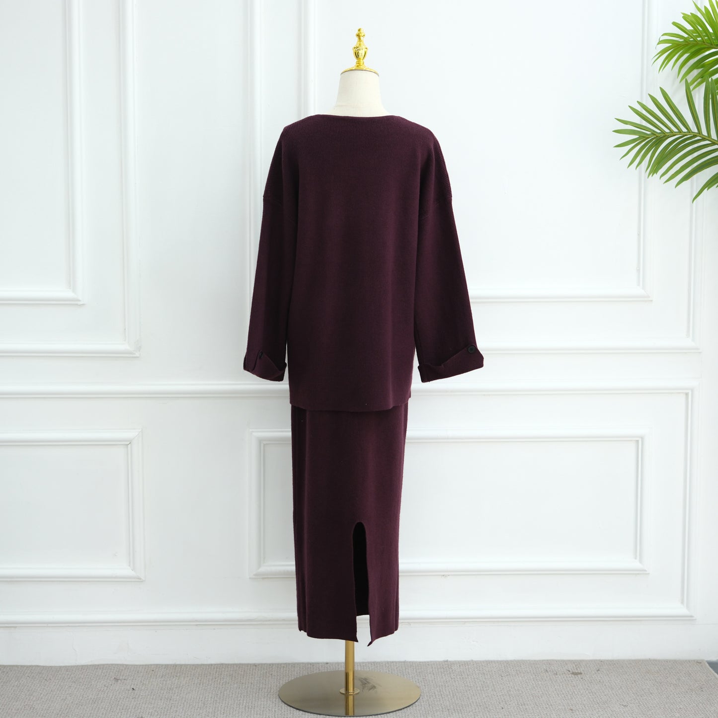 HS6597 Autumn and winter thickened knitted suit solid color two-piece suit (excluding headscarf) top + skirt
