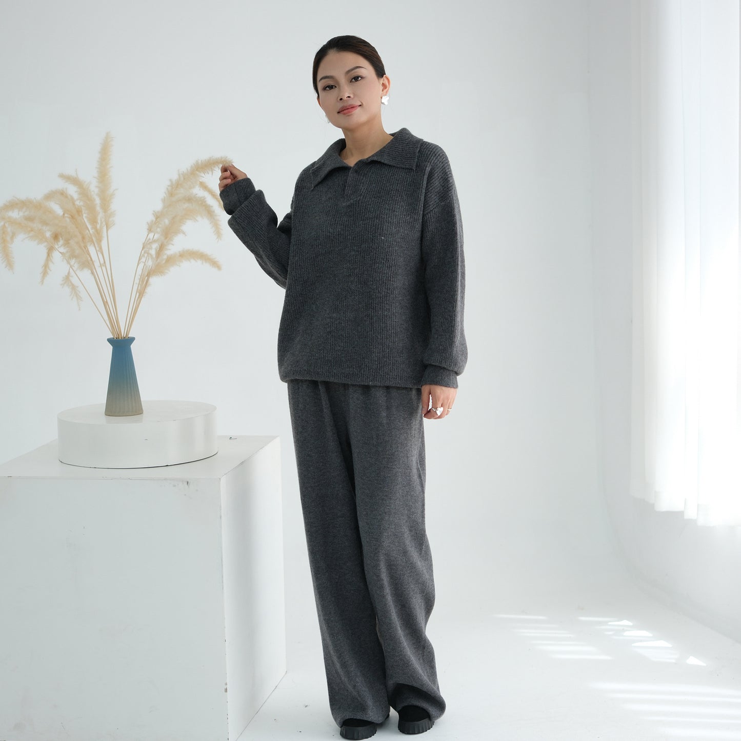 HS6594 Autumn and Winter Thickened Knitted Suit | Simple Solid Color Two-piece Suit
