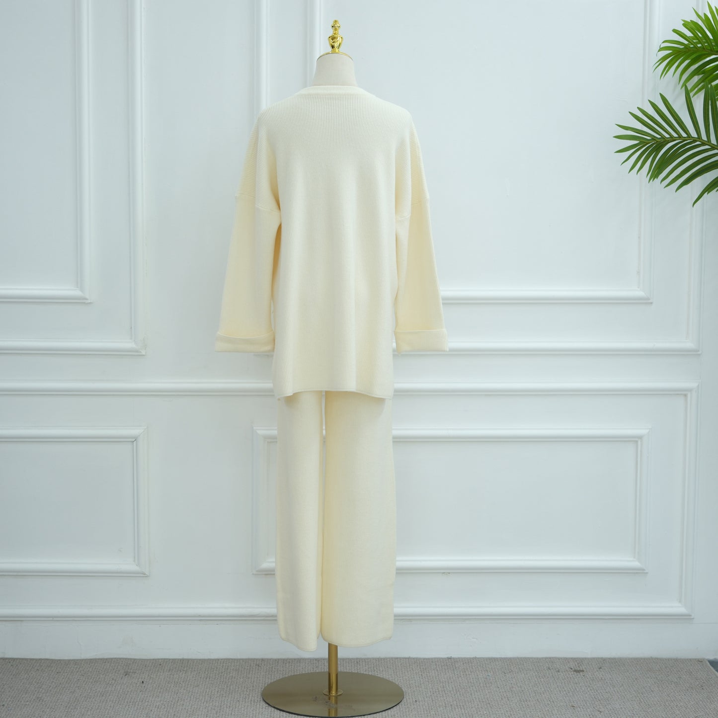 HS6599 Autumn and Winter Thickened Knitted Suit Solid Color Two-piece Suit (excluding Headscarf) Top + Trousers