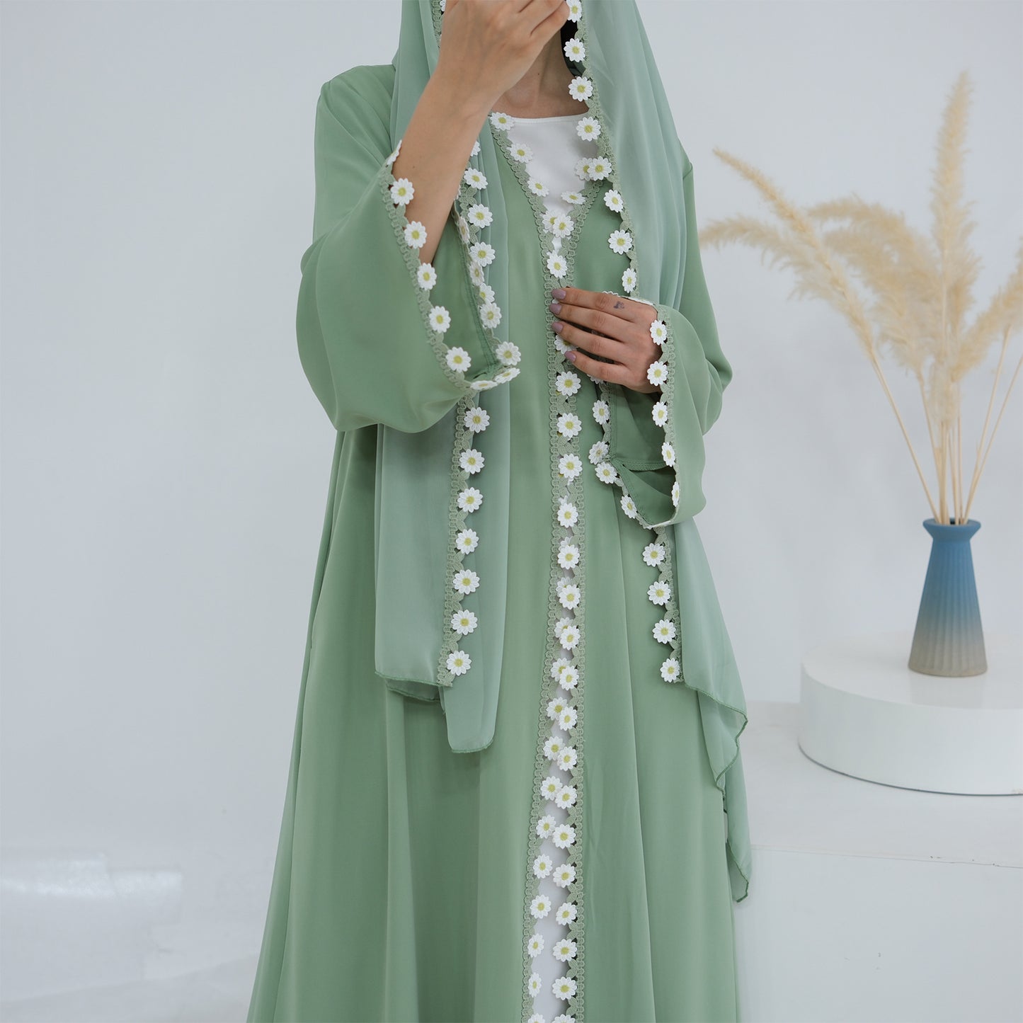 HS6616 Green Flower Stitching Cardigan Two-Piece Set (Including Headscarf)