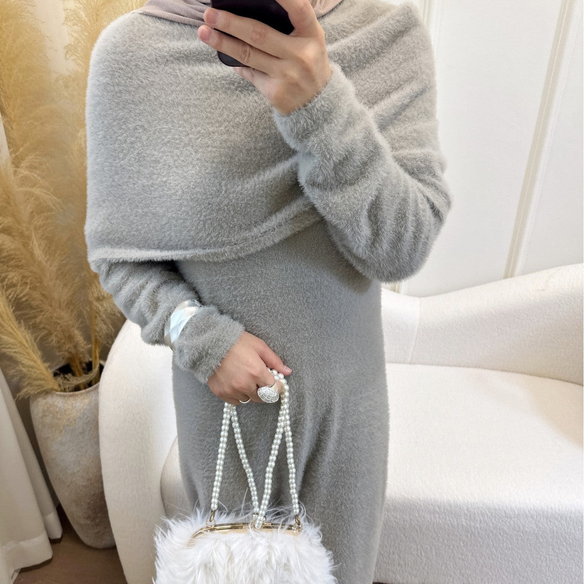 HS6604  Slim-fit Knit Sweater Two-piece Set with Shawl Design (headscarf Optional)