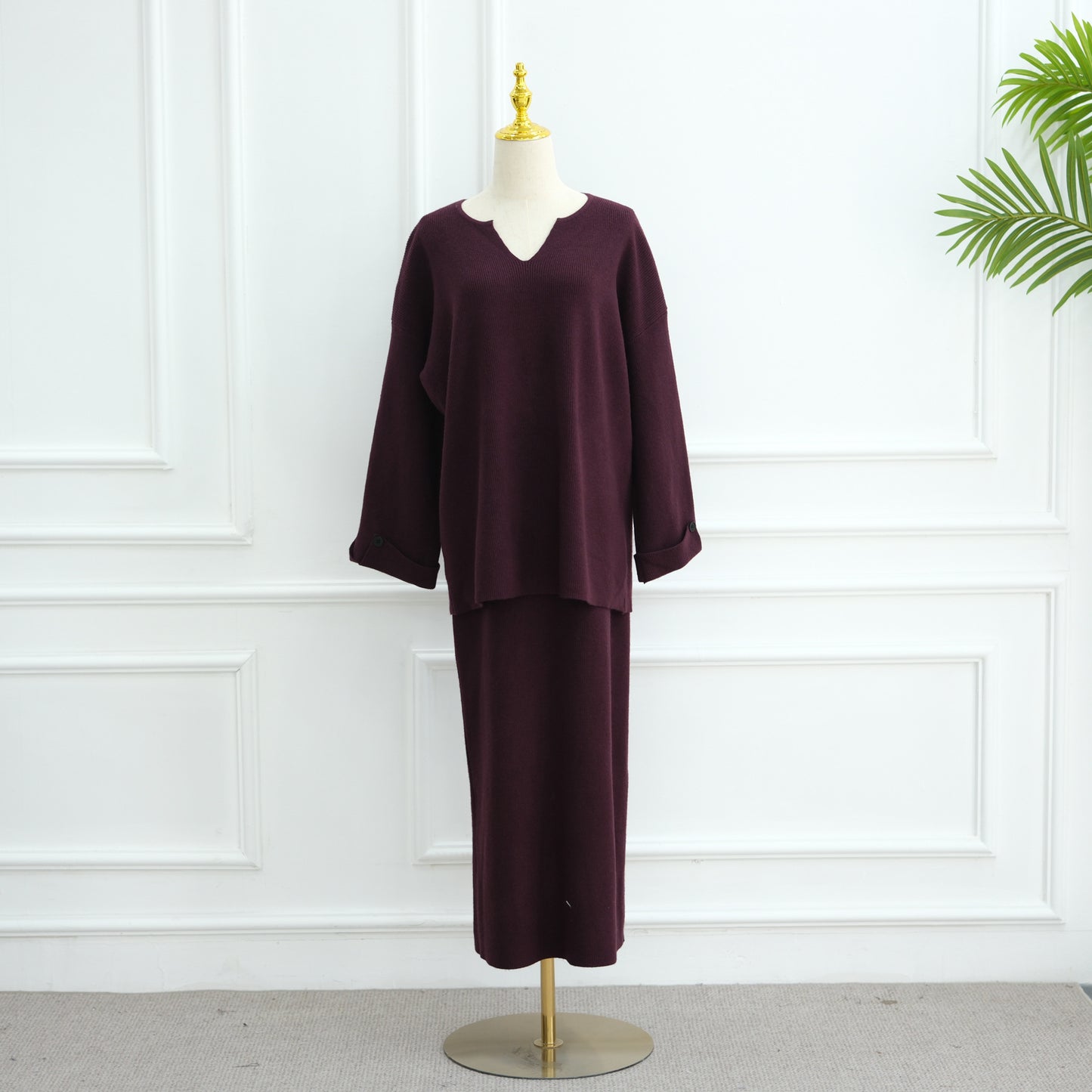 HS6597 Autumn and winter thickened knitted suit solid color two-piece suit (excluding headscarf) top + skirt