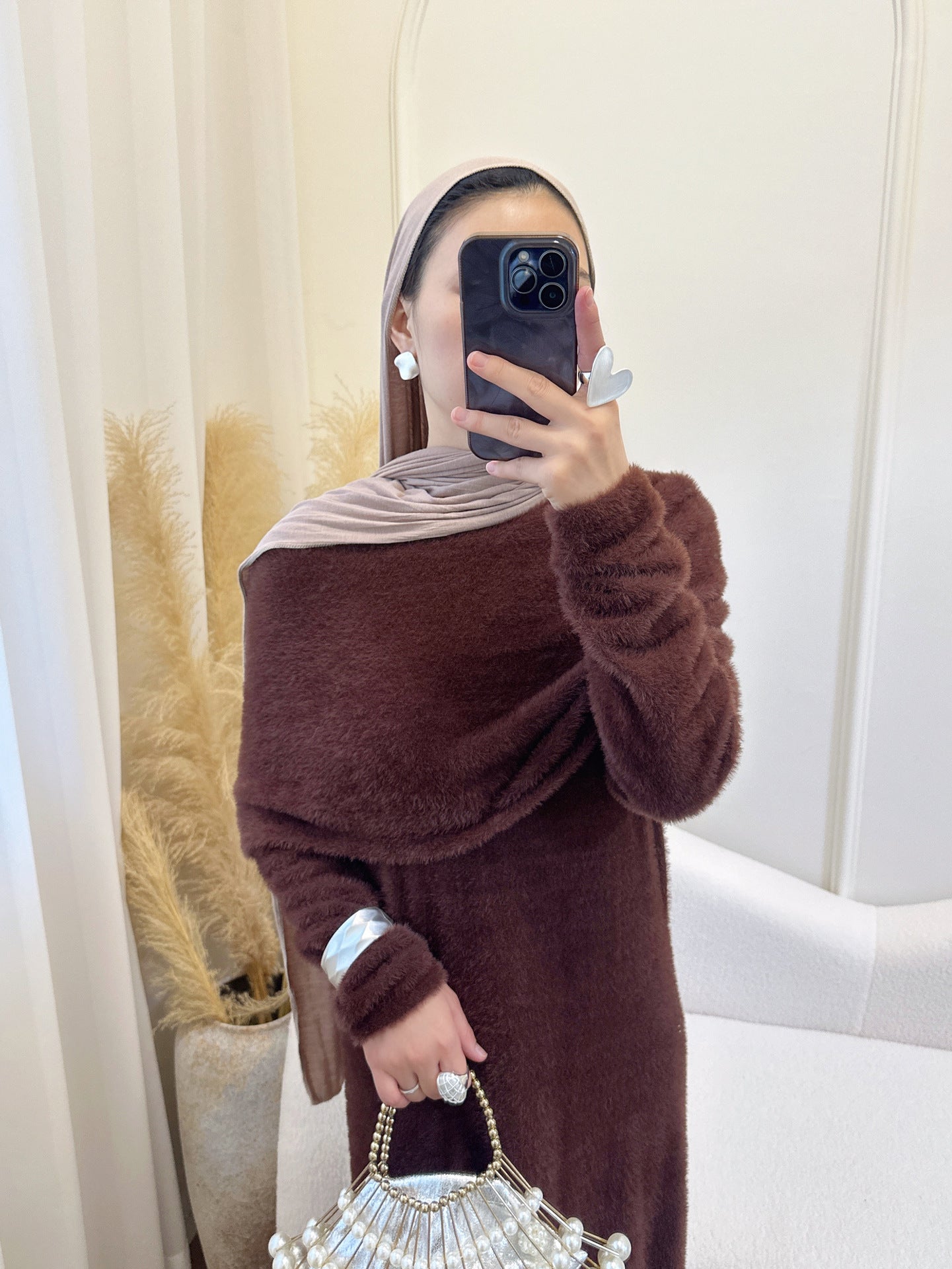 HS6604  Slim-fit Knit Sweater Two-piece Set with Shawl Design (headscarf Optional)