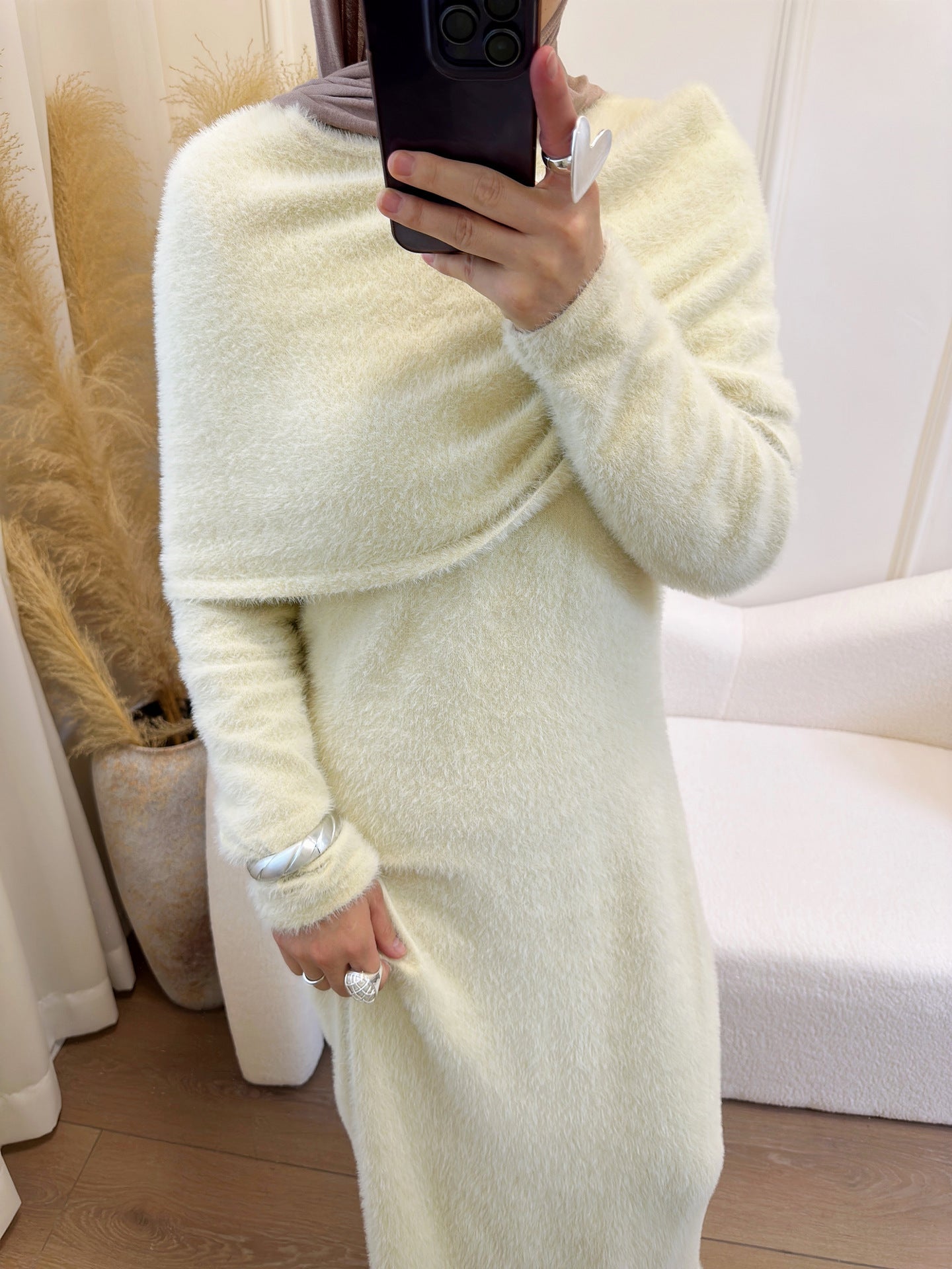 HS6604  Slim-fit Knit Sweater Two-piece Set with Shawl Design (headscarf Optional)