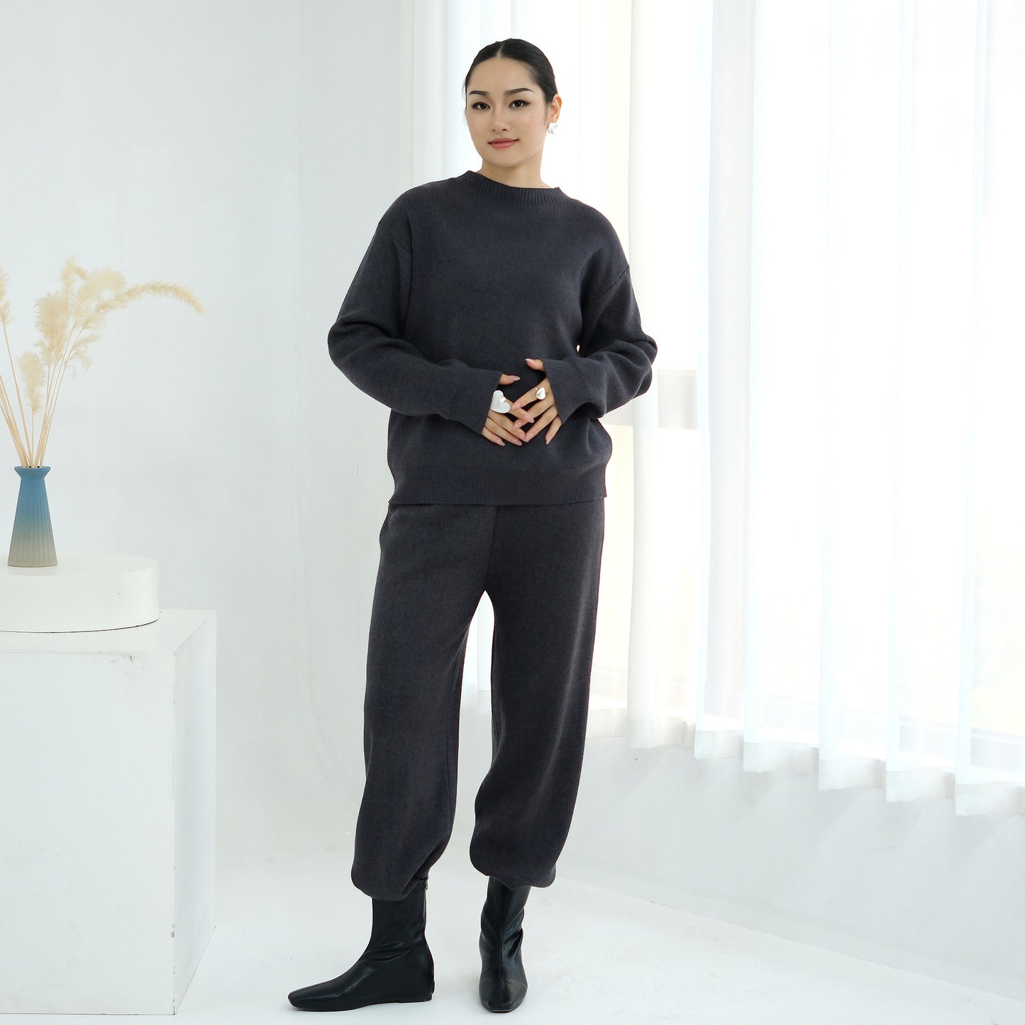 HS6595 Autumn and Winter Thickened Knitted Suit (Not Including Headscarf) | Simple Solid Color Two-Piece Suit
