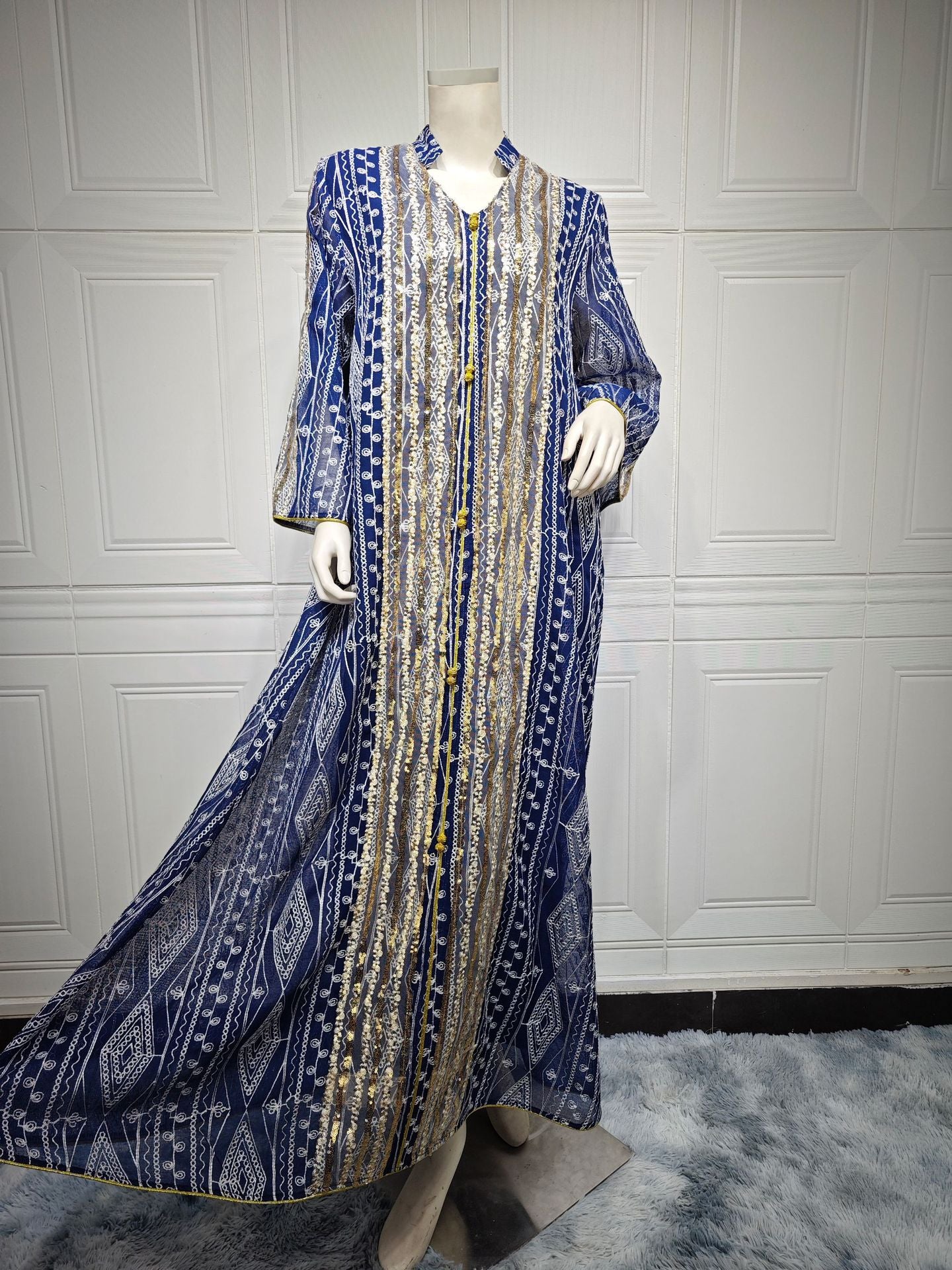 HS6662 Mesh embroidery sequin patchwork long-sleeved dress, loose robe style