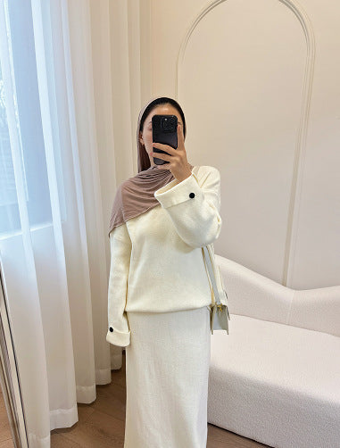HS6597 Autumn and winter thickened knitted suit solid color two-piece suit (excluding headscarf) top + skirt