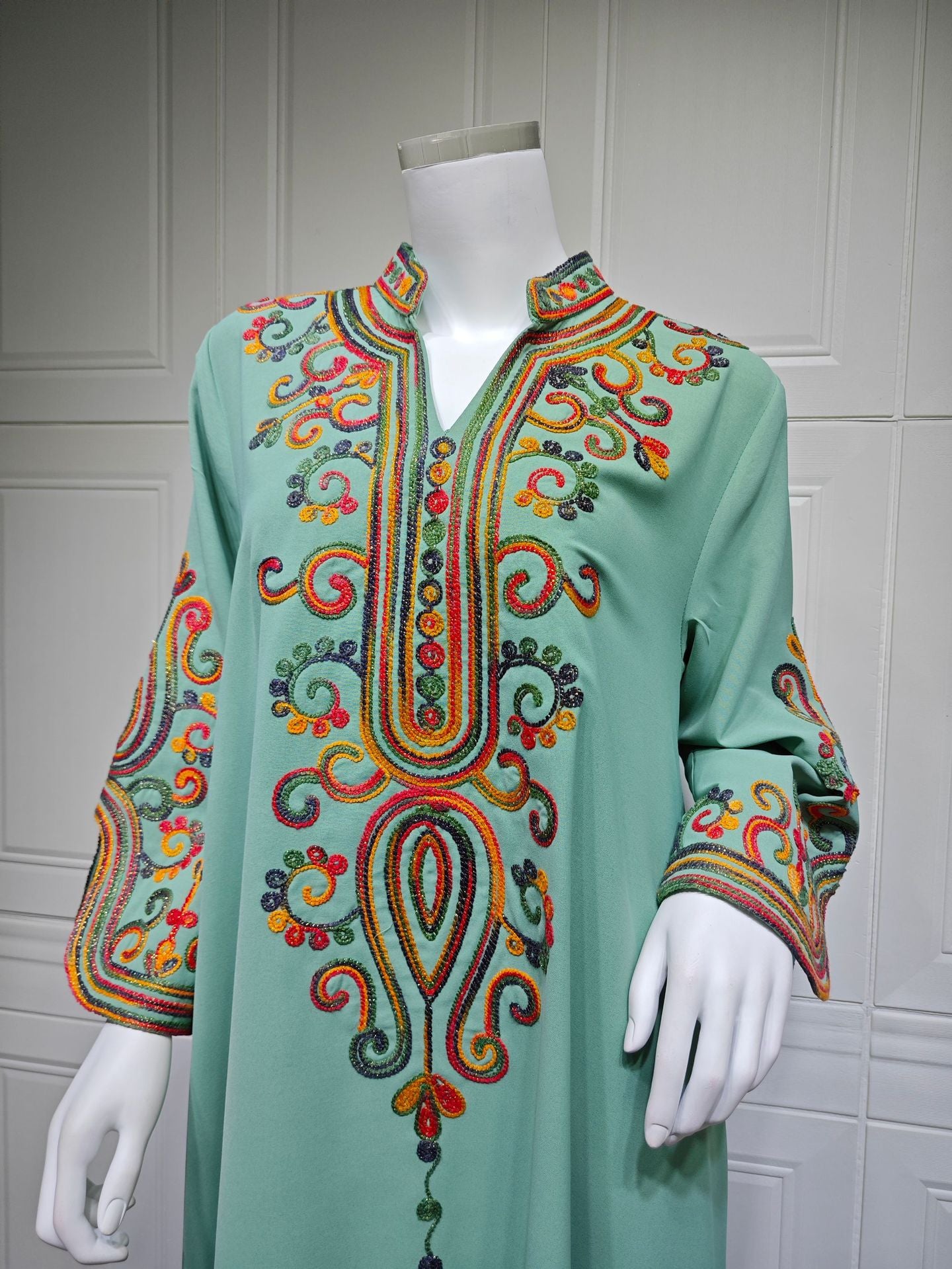 HS6652 Rope embroidery midi dress with elegant stand-up collar design