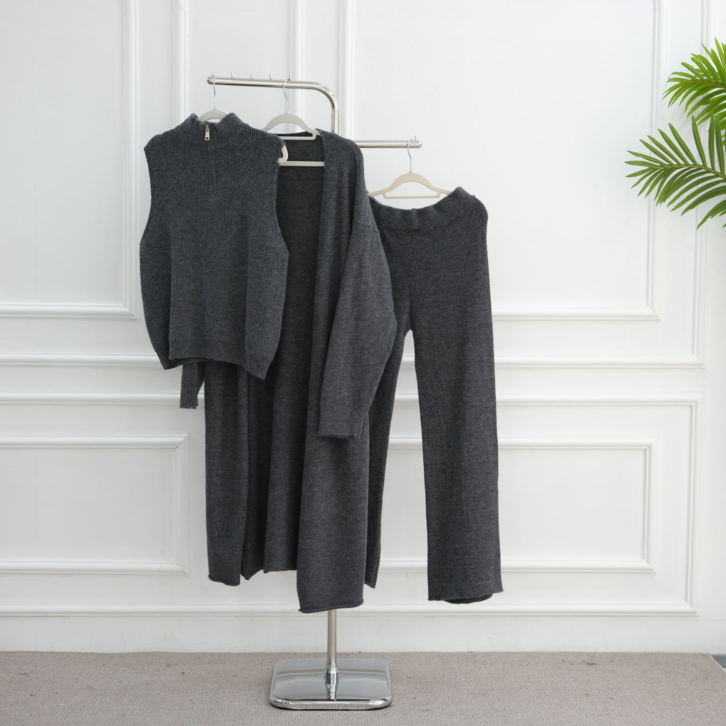 HS6603 Thickened knitted three-piece long coat set (with optional headscarf)