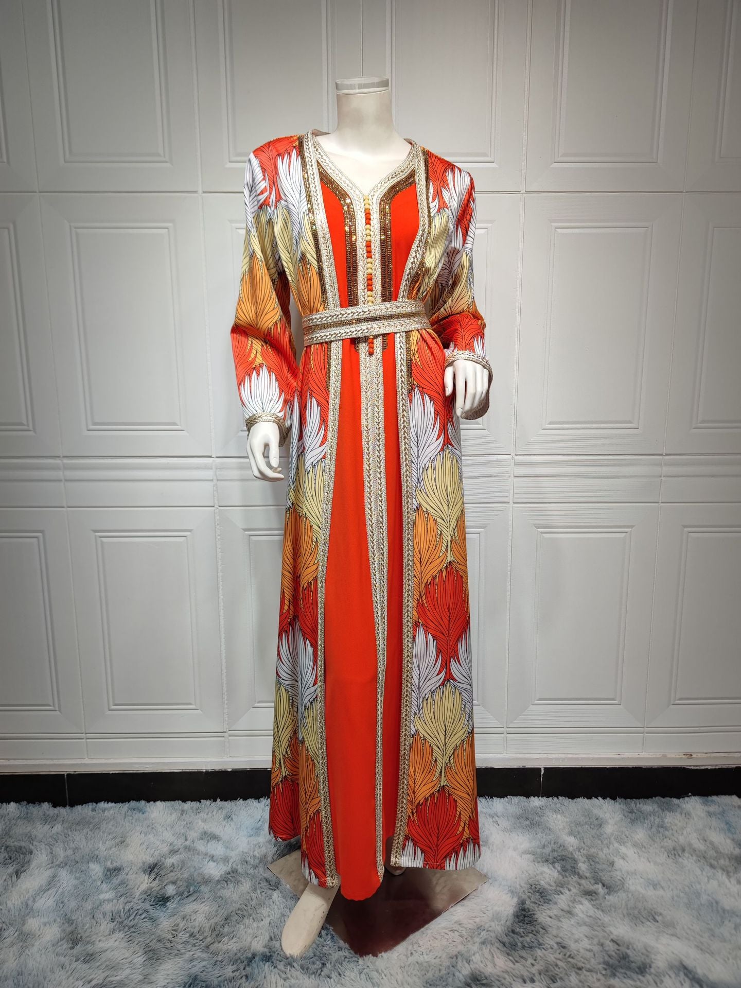 HS6646 Long-sleeved woven ribbon rhinestone print robe set with exquisite rhinestone design.