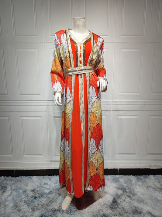 HS6646 Long-sleeved woven ribbon rhinestone print robe set with exquisite rhinestone design.