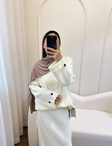 HS6597 Autumn and winter thickened knitted suit solid color two-piece suit (excluding headscarf) top + skirt