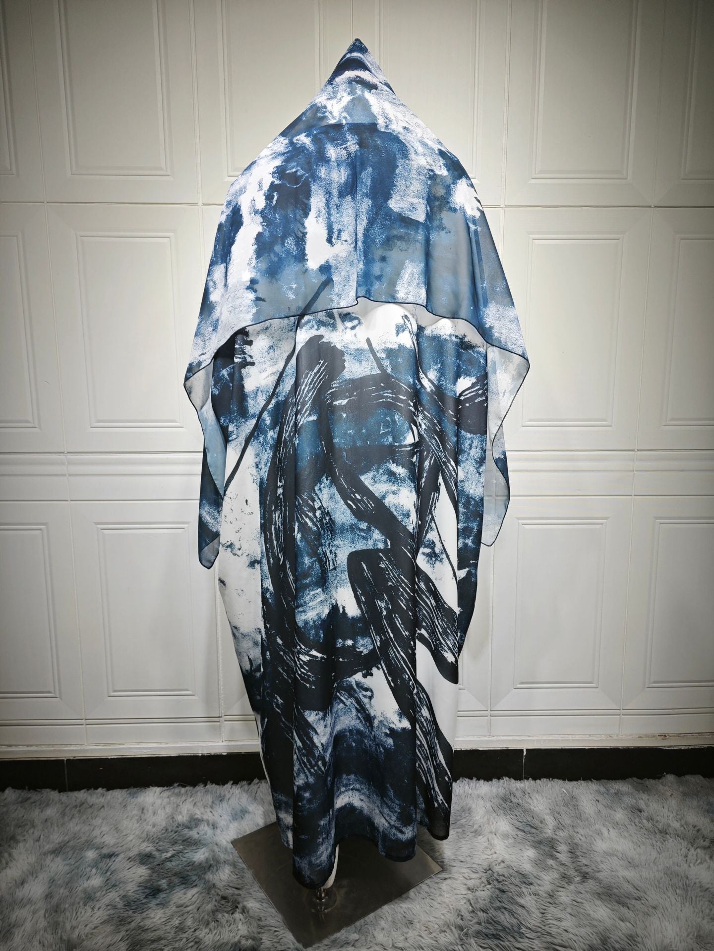 HS6638 Chiffon Printed Cardigan Two-piece Long Coat with Headscarf