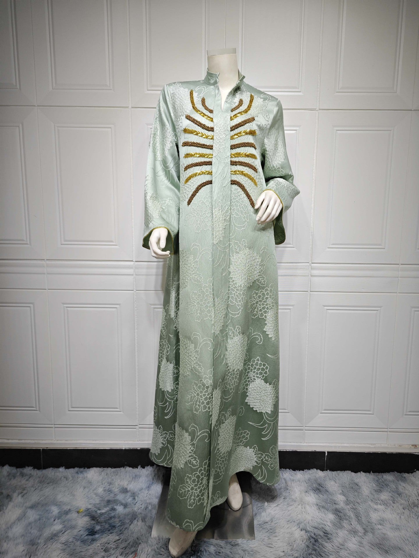 HS6656 V-neck jacquard beaded dress with elegant three-dimensional texture design