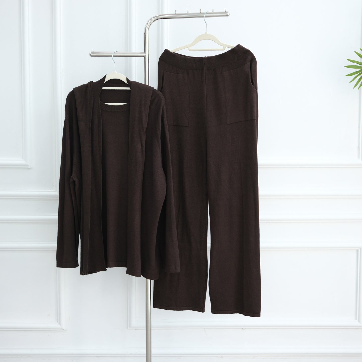 HS6593 Soft knitted home set | Simple solid color two-piece set