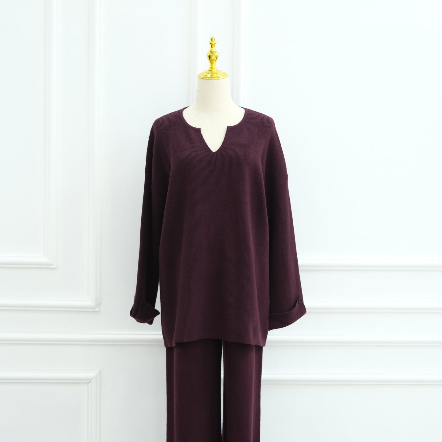 HS6600 Autumn and winter thickened knitted suit solid color two-piece suit (headscarf not included) cuff button design