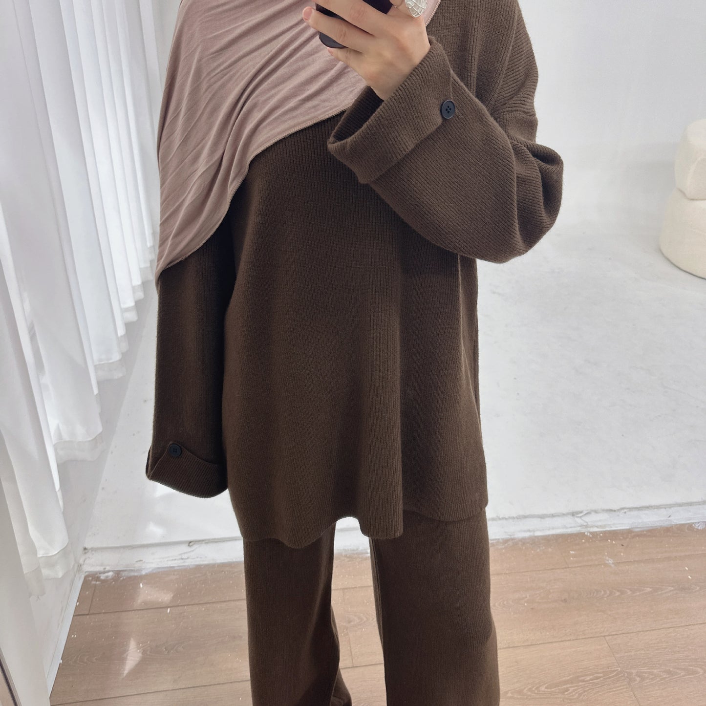 HS6600 Autumn and winter thickened knitted suit solid color two-piece suit (headscarf not included) cuff button design